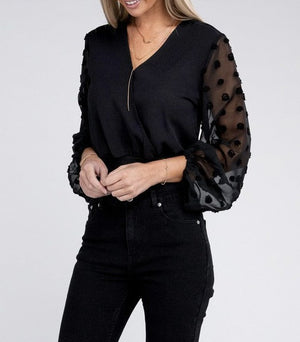 Slay the Day Away Wrap Style Sheer Sleeves Bodysuit with V-neck