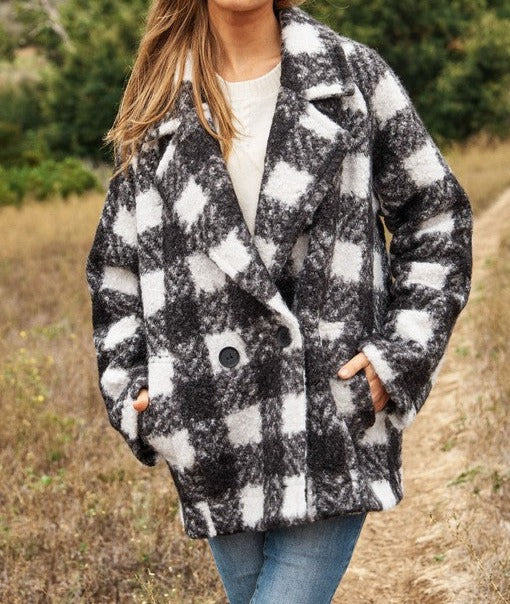 Fuzzy Boucle Textured Double Breasted Coat Jacket