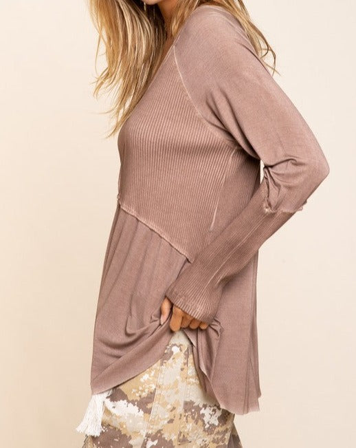 Light Wash Rib Textured Long Sleeve Top