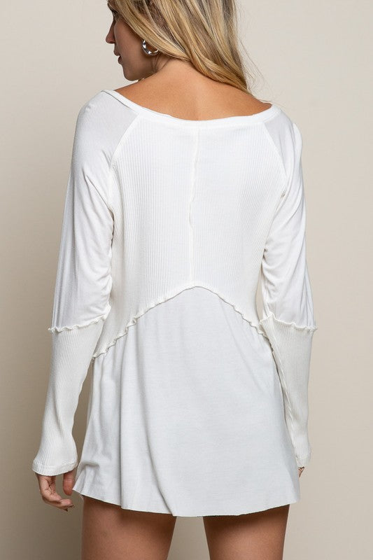 Light Wash Rib Textured Long Sleeve Top