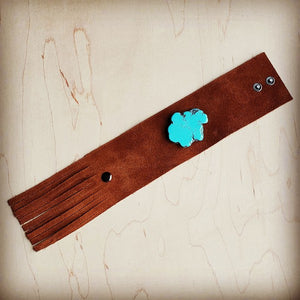 Tan Suede Leather Cuff Fringe and Turquoise Slab