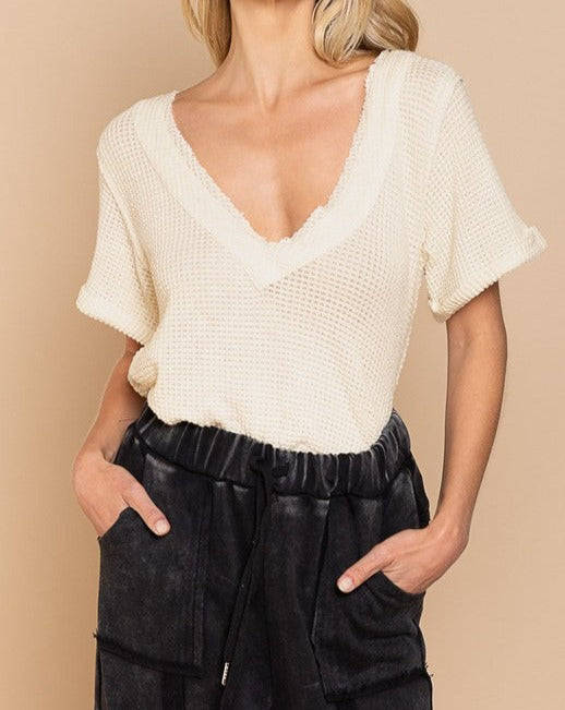 Today Half Sleeve V-neck Waffle Knit Top