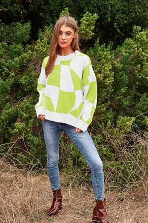 New In Town Multi Geo Checker Pullover Knit Sweater Top