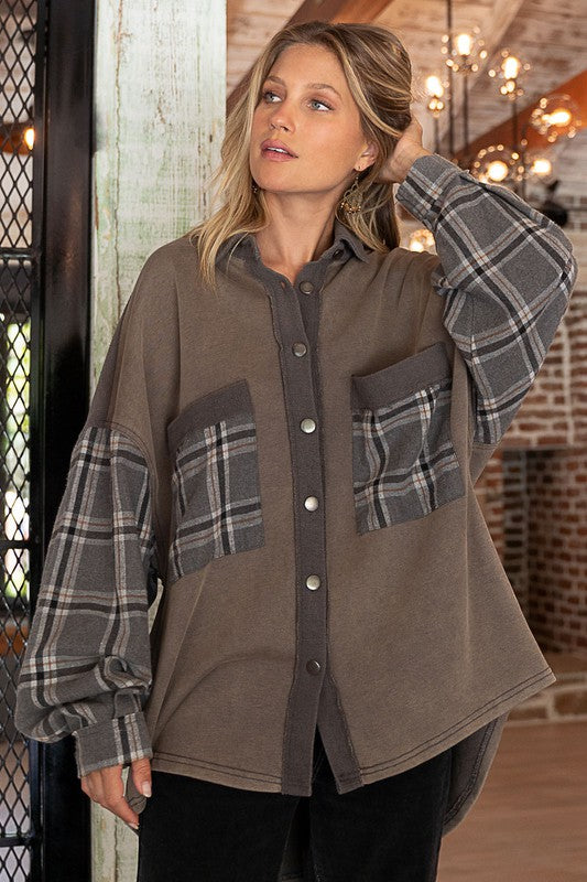 With Me Long Sleeve With Plaid Detail Sleeve Shacket