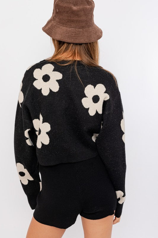 Janelle Long Sleeve Crop Sweater with Daisy Pattern