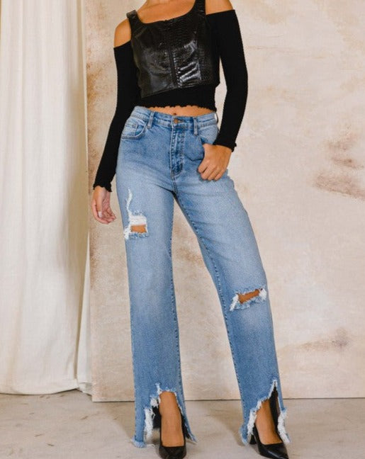 High Rise Distressed Wide Jeans