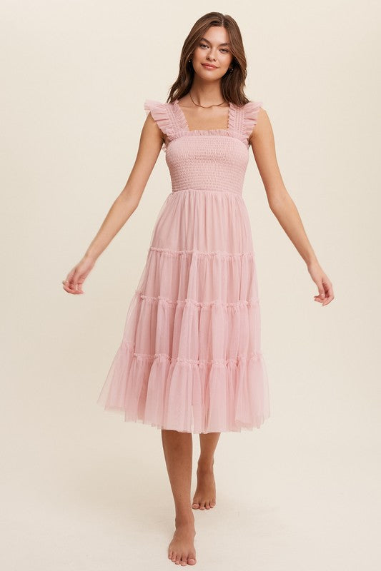 Pretty as a Peach Smocked Ruffle Tiered Mesh Midi Maxi Dress