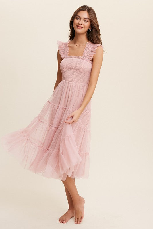 Pretty as a Peach Smocked Ruffle Tiered Mesh Midi Maxi Dress