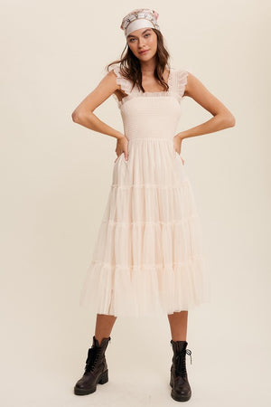 Pretty as a Peach Smocked Ruffle Tiered Mesh Midi Maxi Dress