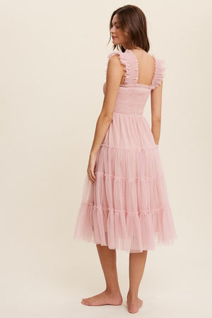 Pretty as a Peach Smocked Ruffle Tiered Mesh Midi Maxi Dress