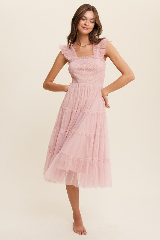 Pretty as a Peach Smocked Ruffle Tiered Mesh Midi Maxi Dress