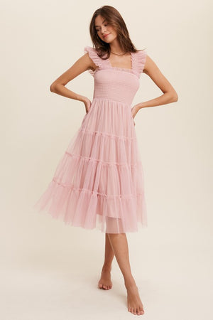 Pretty as a Peach Smocked Ruffle Tiered Mesh Midi Maxi Dress