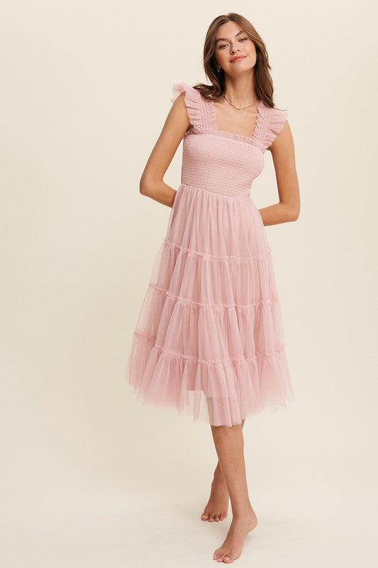 Pretty as a Peach Smocked Ruffle Tiered Mesh Midi Maxi Dress