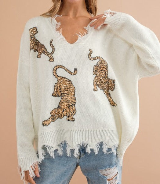 Frayed Edge Sequin Tiger Sweater