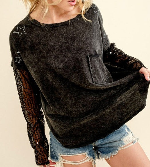 You're a Star Printed Shoulder Sequin Sleeve Top