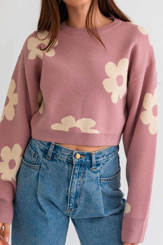 Janelle Long Sleeve Crop Sweater with Daisy Pattern