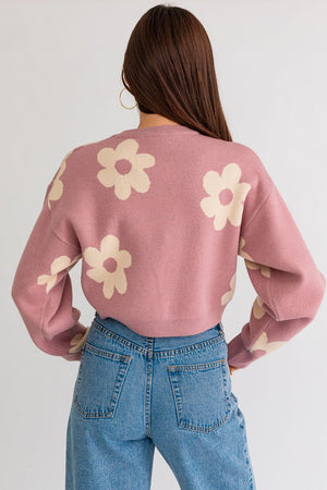 Janelle Long Sleeve Crop Sweater with Daisy Pattern