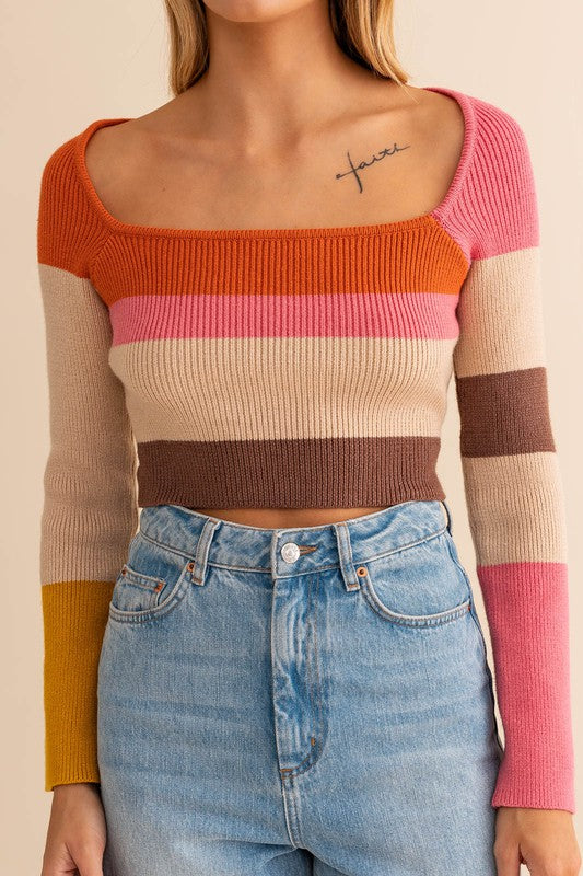 With Me Long Sleeve Color Block Stripe Knit Top