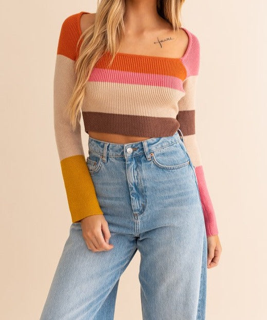 With Me Long Sleeve Color Block Stripe Knit Top