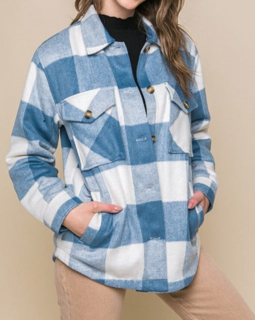 Love Letter Plaid Button Down Jacket with Front Pocket Detail