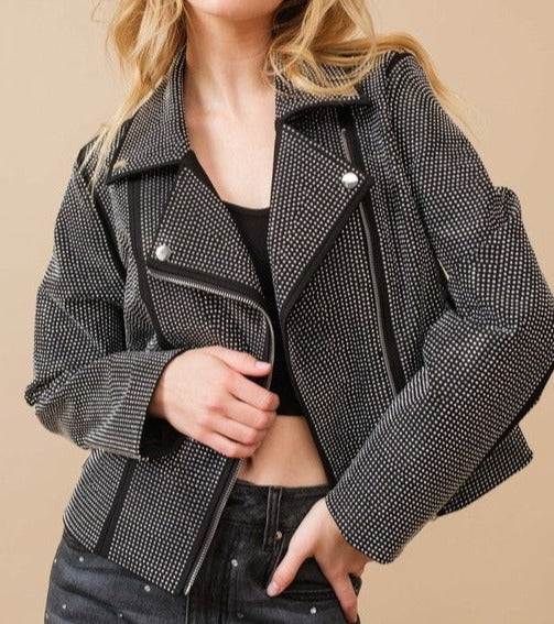 Walk This Way Crystal Studded Stretch Zip Up Moto Jacket