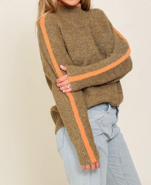 I'm Over Here Marled Brown Raglan Sleeve Funnel Neck Sweater