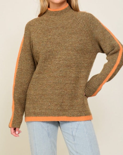 I'm Over Here Marled Brown Raglan Sleeve Funnel Neck Sweater