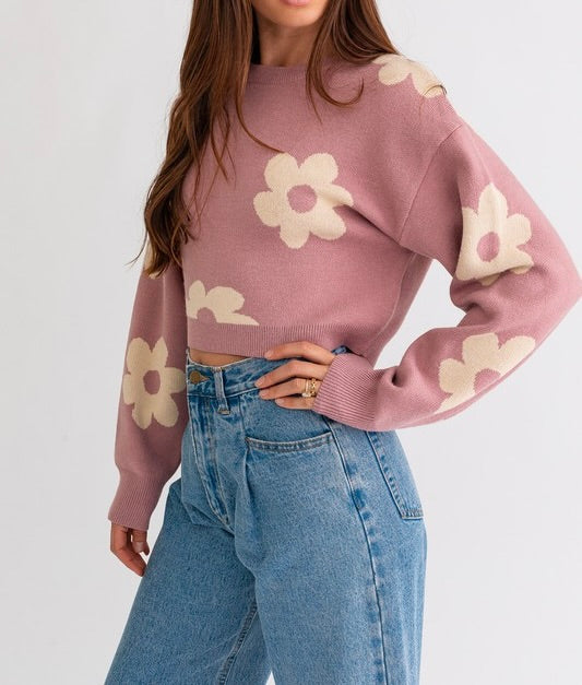 Janelle Long Sleeve Crop Sweater with Daisy Pattern