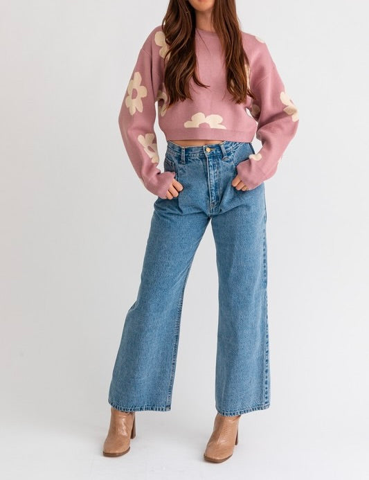 Janelle Long Sleeve Crop Sweater with Daisy Pattern