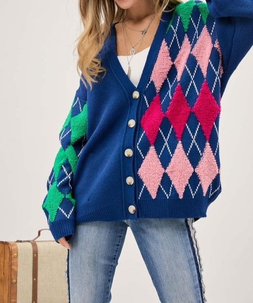 Hug Me Plush Argyle Button Front Loose Fit Knit Cardigan