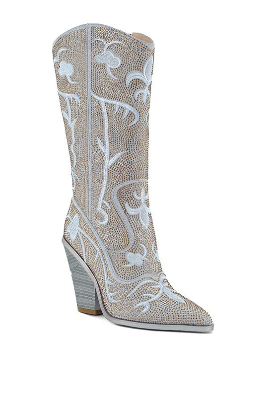 Glimmer Rhinestones Embellished Shimmer Calf Boots