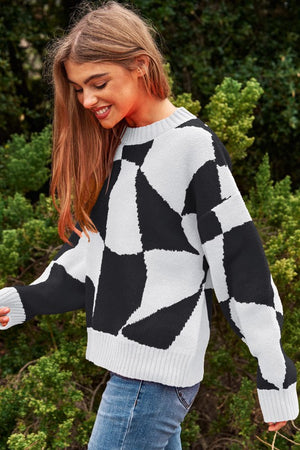 New In Town Multi Geo Checker Pullover Knit Sweater Top