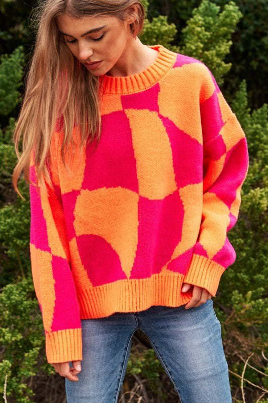 New In Town Multi Geo Checker Pullover Knit Sweater Top