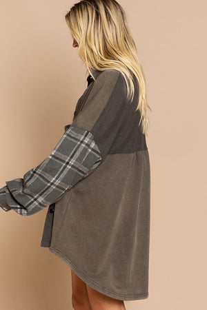 With Me Long Sleeve With Plaid Detail Sleeve Shacket