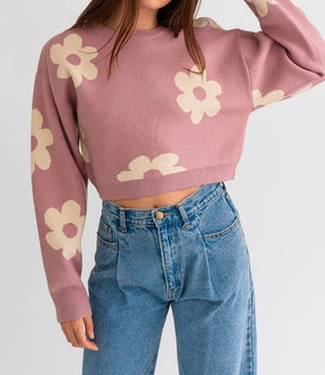 Janelle Long Sleeve Crop Sweater with Daisy Pattern