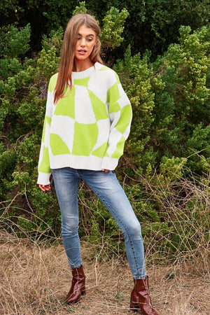 New In Town Multi Geo Checker Pullover Knit Sweater Top