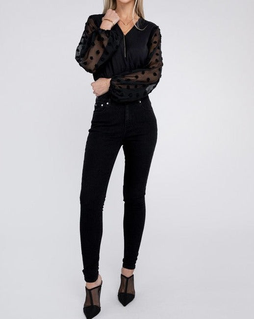 Slay the Day Away Wrap Style Sheer Sleeves Bodysuit with V-neck