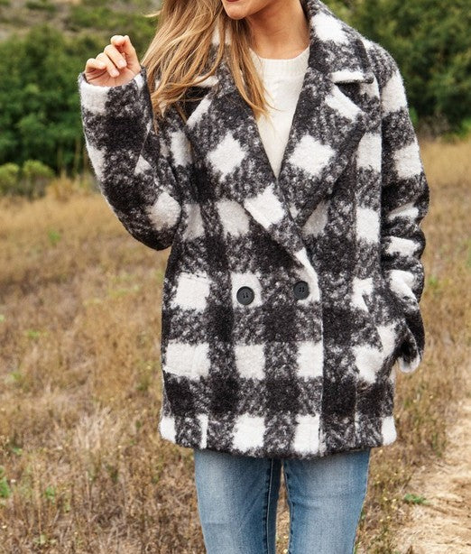 Fuzzy Boucle Textured Double Breasted Coat Jacket