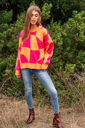 New In Town Multi Geo Checker Pullover Knit Sweater Top