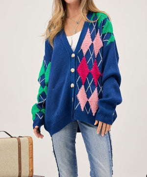 Hug Me Plush Argyle Button Front Loose Fit Knit Cardigan