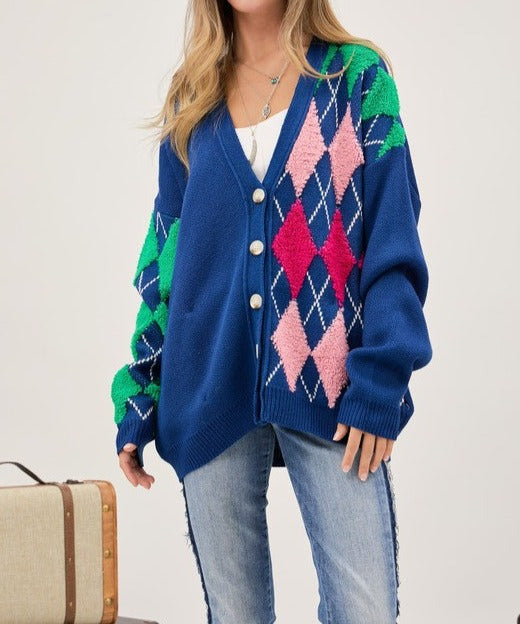 Hug Me Plush Argyle Button Front Loose Fit Knit Cardigan