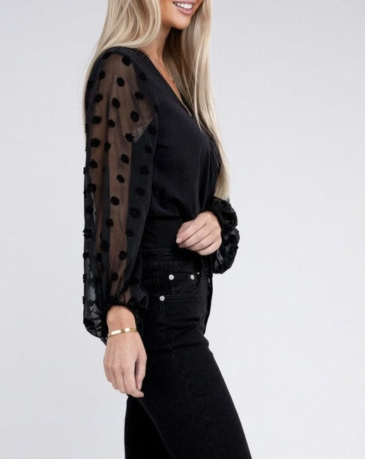 Slay the Day Away Wrap Style Sheer Sleeves Bodysuit with V-neck