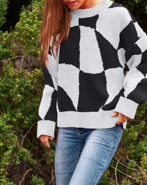 New In Town Multi Geo Checker Pullover Knit Sweater Top