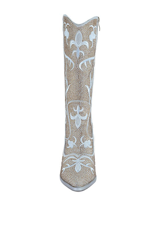 Glimmer Rhinestones Embellished Shimmer Calf Boots