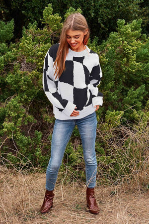 New In Town Multi Geo Checker Pullover Knit Sweater Top